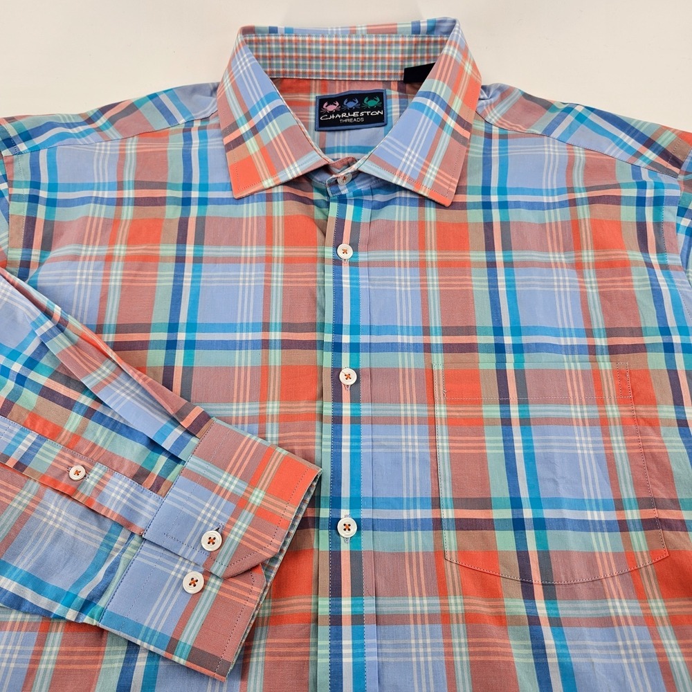 Charleston Threads Shirt Men XXL Blue Orange Plaid Long Sleeve Cotton Casual
